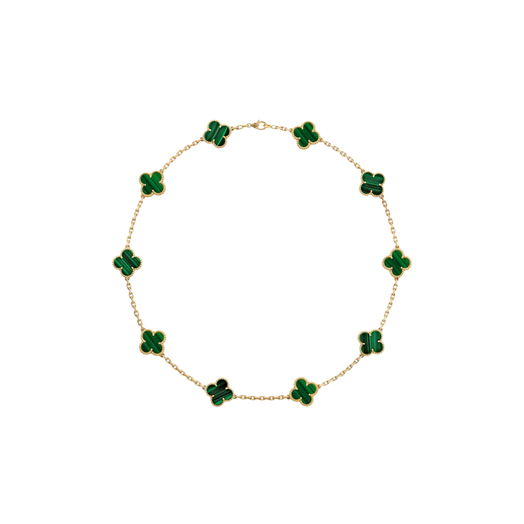 Vintage Alhambra Styled Necklace 10 Motifs Malachite 18K Yellow Gold